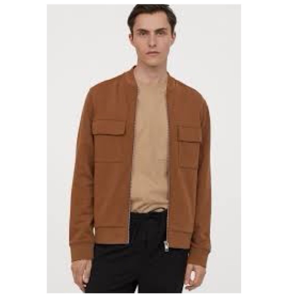 H & M Brown Sweatshirt Preppy Academia Zip Up Bomber Jacket Pockets XXL